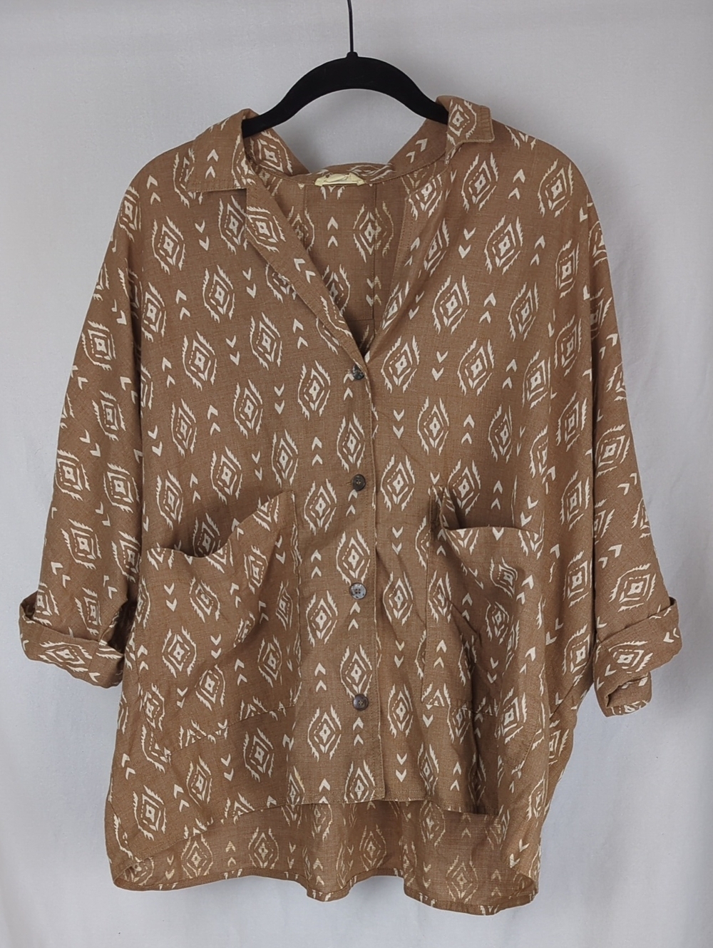 ENTRO Women's Brown Patterned Button-Front Oversized Utility Top